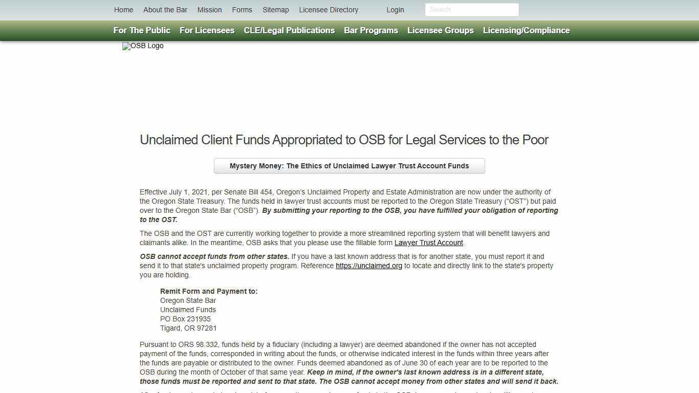 Unclaimed Client Funds Appropriated to OSB for Legal Services to the Poor