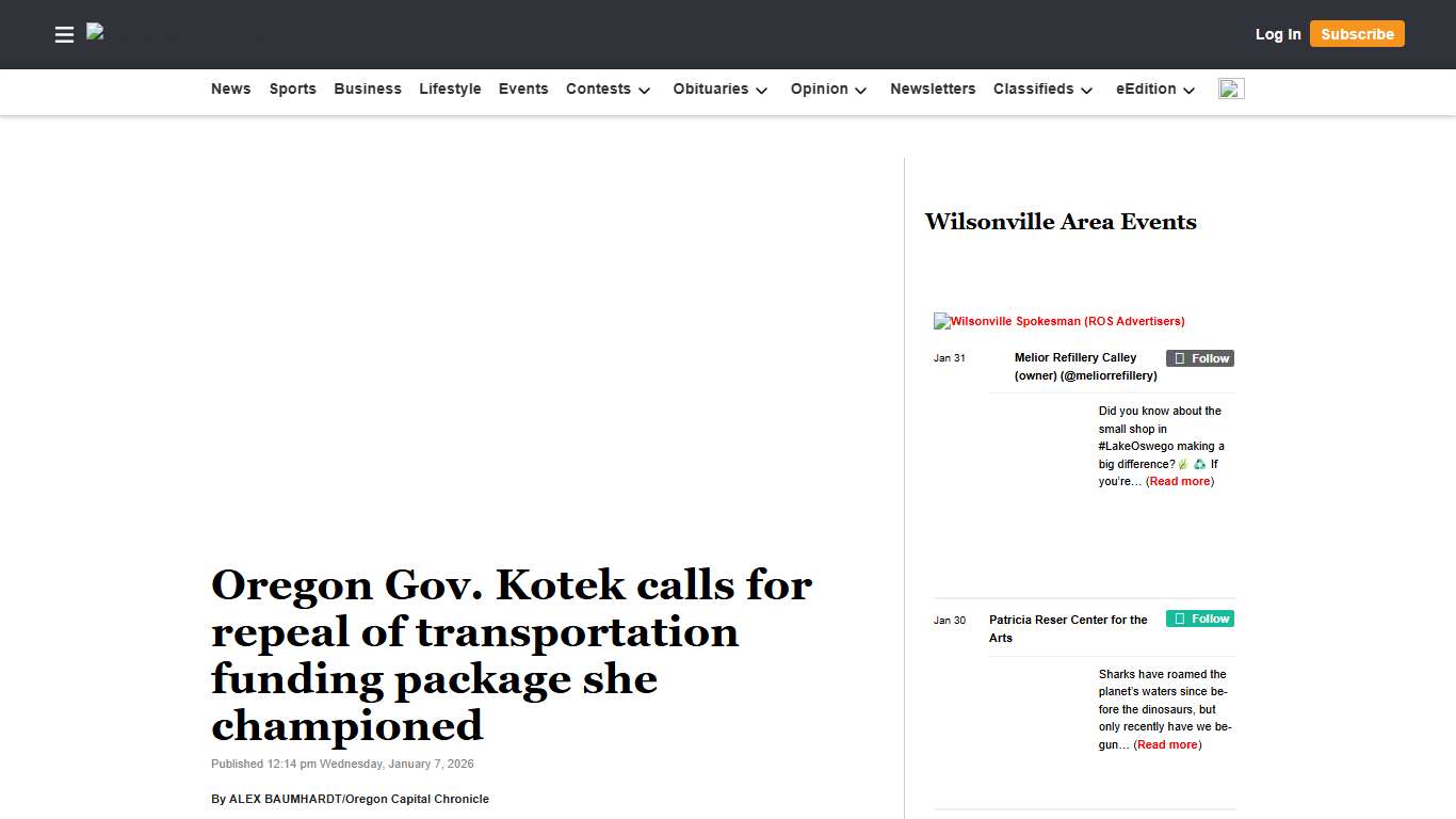 Oregon Gov. Kotek calls for repeal of transportation funding package she championed Wilsonville Spokesman