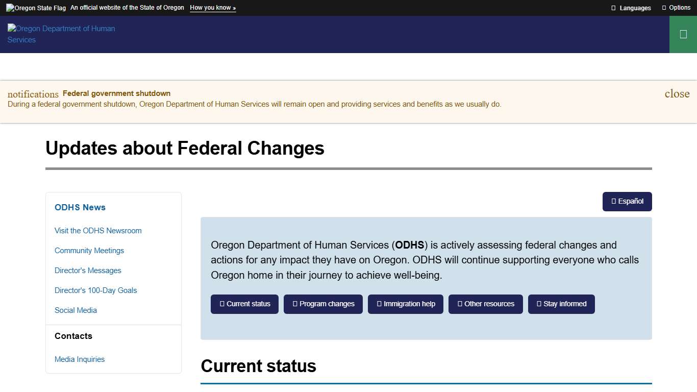 Oregon Department of Human Services : Updates about Federal Changes : News : State of Oregon